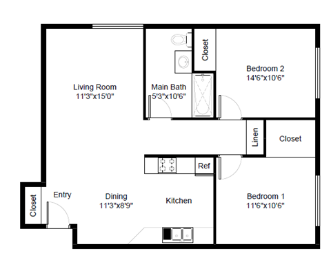 Floor plan for 2 beds, 1 bath, 800 sqft